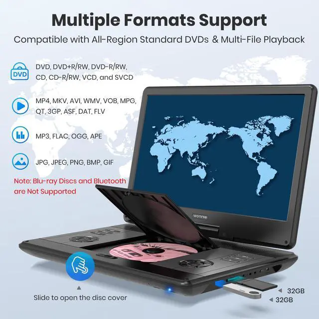 Alt view image 3 of 4 - 16.5" Portable DVD Player with 14.1" Large HD Swivel Screen, 6 Hours Rechargeable Battery, DVD Player Portable Support MP4, MKV Video & USB/SD Card/Sync TV, High Volume Speaker, All Regions