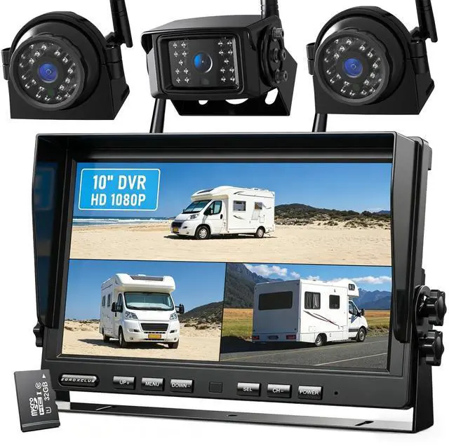 Main image of 1080P Wireless Backup Camera System with 10 Inch DVR 3 Split Monitor, IP69 Waterproof Stable Signal Record Wireless 1 Rear and 2 Side View Cameras for RV Truck Trailer Camper (BW103SL-M)