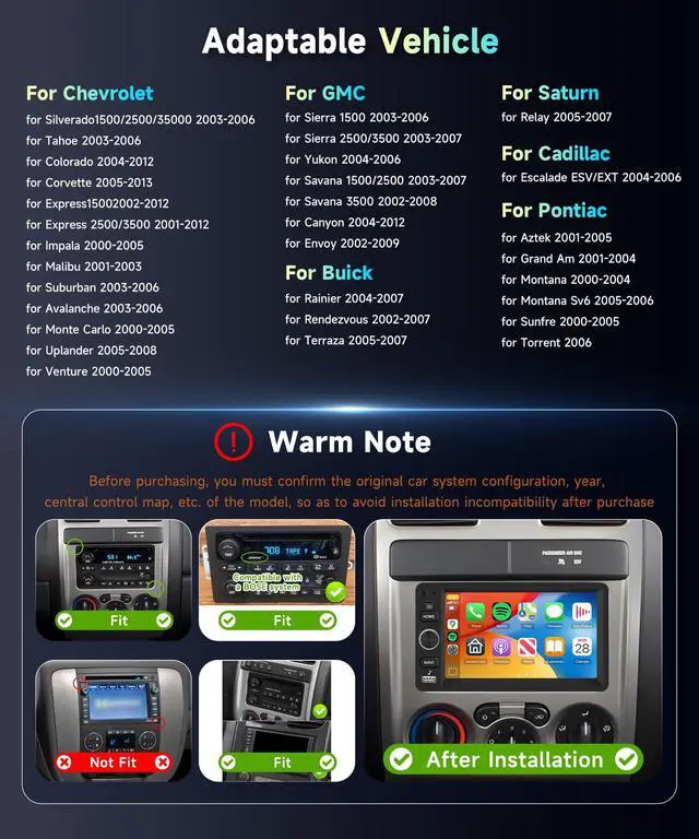 Alt view image 2 of 4 - Car Radio Stereo(Support Bose System) for Chevy Silverado SSR Tahoe 2003-2006,GMC Siera Yukon 2003-2006,Hummer H2 2003-2007,Touchscreen/Wireless CarPlay/Android Auto/DSP/GPS/Backup Camera 2G+64G