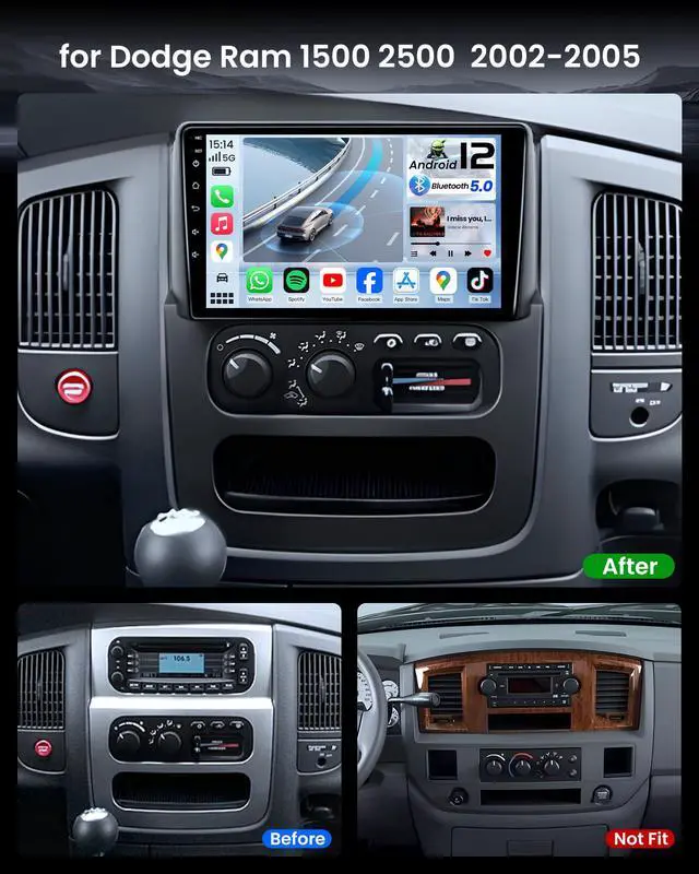 Alt view image 2 of 4 - 4Core + 64GB ROM Car Radio for Dodge Ram 1500 2500 3500 2002-2005: 9 Inch 1280x800 IPS Touchscreen Upgrade with Wireless CarPlay/Android Auto Bluetooth 5G WiFi GPS FM 1080P Backup Camera
