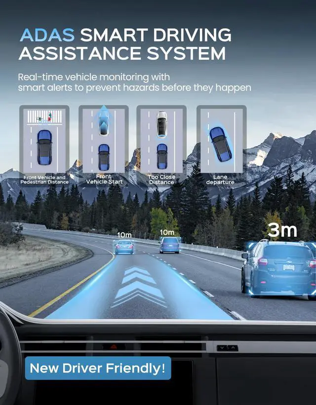 Alt view image 2 of 4 - 4K Dash Cam Front and Rear with ADAS Assist, Free 128GB Card Included, Built-in GPS & 5G WiFi, G-Sensor, Dash Camera with No-Light Night Vision,170°/150° Wide View, 24H Parking Mode