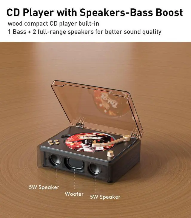 Alt view image 2 of 4 - Retro Cd Player Can Rip to USB,Nostalgic Bluetooth CD Player for Home,Built-in Speakers with LCD Screen,Supports Coaxial/3.5mm/FM Radio with Remote Control-Wired Walnut Brown