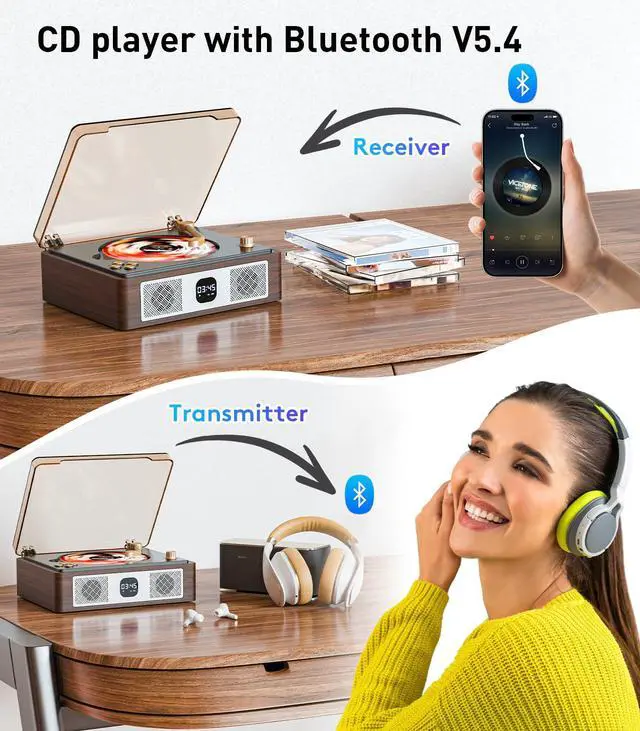 Alt view image 3 of 4 - Retro Cd Player Can Rip to USB,Nostalgic Bluetooth CD Player for Home,Built-in Speakers with LCD Screen,Supports Coaxial/3.5mm/FM Radio with Remote Control-Wired Walnut Brown