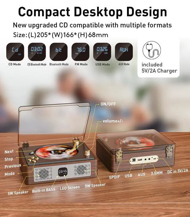 Alt view image 4 of 4 - Retro Cd Player Can Rip to USB,Nostalgic Bluetooth CD Player for Home,Built-in Speakers with LCD Screen,Supports Coaxial/3.5mm/FM Radio with Remote Control-Wired Walnut Brown