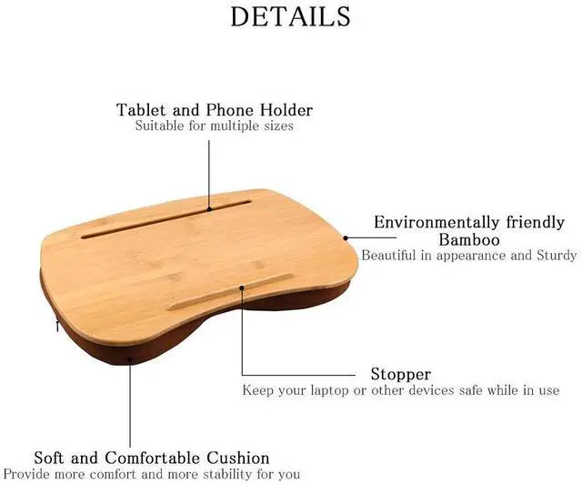 Alt view image 3 of 4 - Lap Desk-Portable Laptop Table with Bamboo Platform Phone Holder (M(18.5"x11.8"))