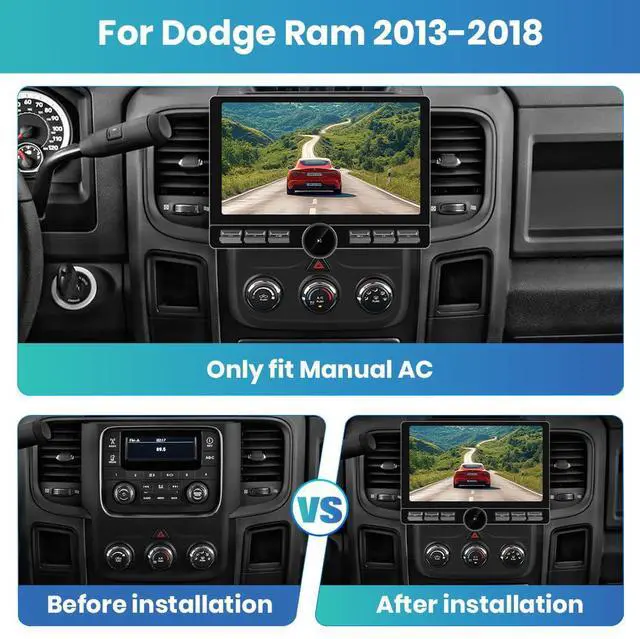 Alt view image 2 of 4 - Car Stereo for Dodge RAM 1500 2500 3500 2013-2019 (Manual AC Only), 10.6" Touch Screen Radio Upgrade, CarPlay & Android Auto, 4G/WiFi, 8 Core + 64GB ROM, GPS, Bluetooth, Backup Camera, SWC