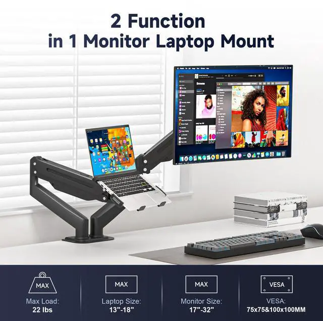 Alt view image 2 of 4 - Monitor Laptop Mount Stand, 2 in 1 Function Dual Monitor Arms Desk Mount for 13"-18" Notebook and 17"-32" Monitor with Laptop Tray,Holds up to 22lbs