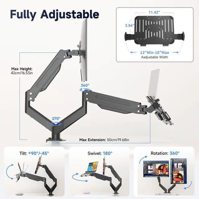 Alt view image 3 of 4 - Monitor Laptop Mount Stand, 2 in 1 Function Dual Monitor Arms Desk Mount for 13"-18" Notebook and 17"-32" Monitor with Laptop Tray,Holds up to 22lbs