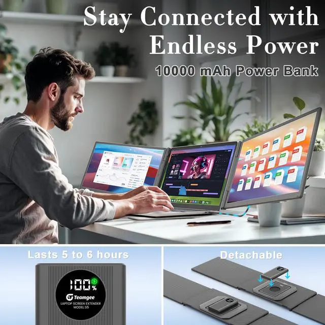 Alt view image 2 of 4 - 15.6" Laptop Screen Extender with Power Bank, FHD 1080P IPS Triple Monitor, HDMI/USB/Hub Plug-Play Display, Fits 13-17" Laptops (Mac/Windows/Android), Ideal for Home Office/Small Business