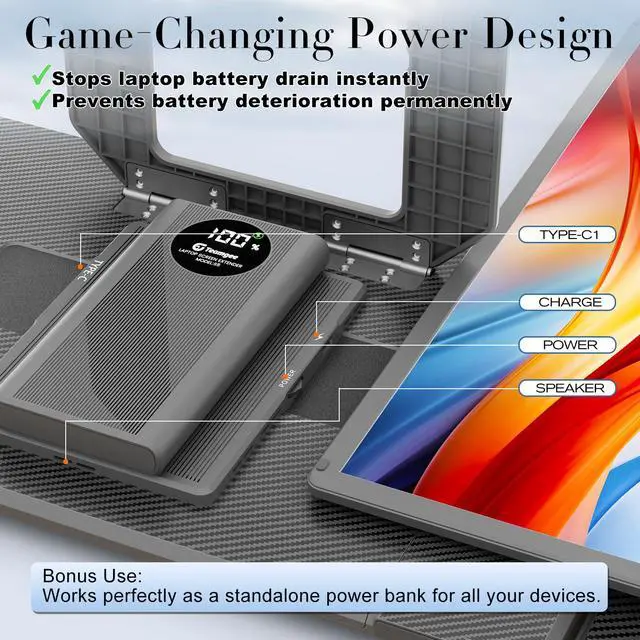 Alt view image 3 of 4 - 15.6" Laptop Screen Extender with Power Bank, FHD 1080P IPS Triple Monitor, HDMI/USB/Hub Plug-Play Display, Fits 13-17" Laptops (Mac/Windows/Android), Ideal for Home Office/Small Business