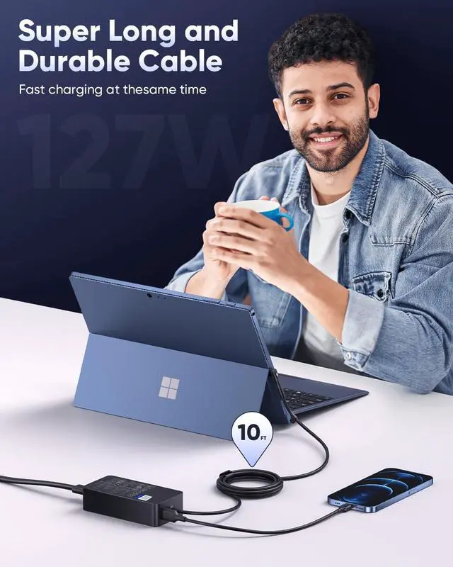Alt view image 2 of 4 - 127W Microsoft Surface Book 3 Laptop Charger for 102W Surface Book 2, Book1, Surface Laptop Studio 2,1,i5,i7, Windows Surface Pro/Laptop/Go/Tablet, 15V8A AC Power Adapter, High Speed Cable 10FT, LED