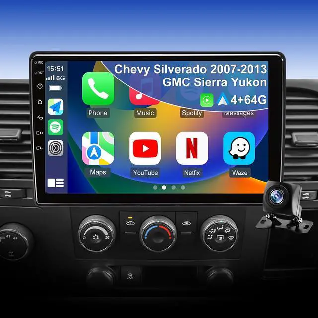 Main image of 4+64GB 5GWiFi6 Upgrade Car Radio for Chevy Silverado 1500 GMC Sierra 1500 2007-2013, Tahoe Yukon 2007-2014, Equinox Acadia Savana 10" Touch Screen Stereo, Wireless Carplay Android Auto Camera GPS FM