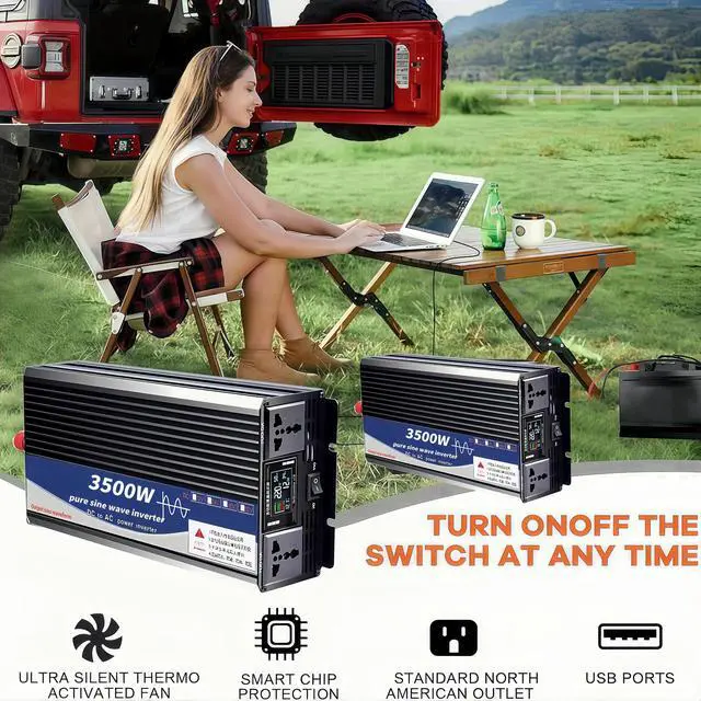 Alt view image 3 of 4 - 3500W Power Inverter 12V DC to 110V AC Converter with LED Display Dual AC Outlets Dual Fans Radiating for RV, Camp, Boat and Home Emergency Portable Pure Sine Wave Inverter (Smart Screen, 3500W 12V)