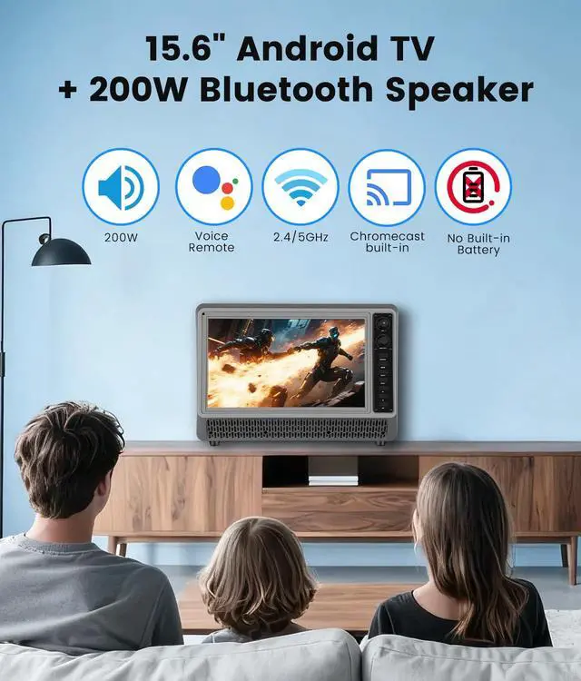 Alt view image 2 of 4 - 15.6 Small Smart TV Built-in Bluetooth Speaker System, 200W Peak Power, 1080P FHD Smart Television with Wi-Fi/HDMI/USB/AUX for Home Entertainment & Camping