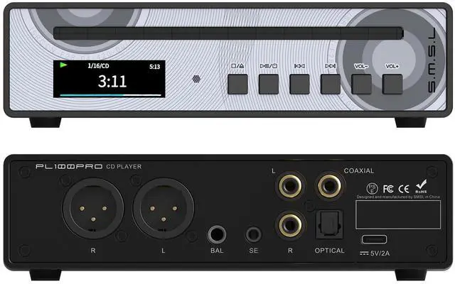 Main image of SMSL PL100PRO CD Player CS43131*2 DAC Chips Optical/Coaxial/RCA/XLR Balanced/3.5mm/4.4mm Headphone Output MQA Decoding CD Transport for Home,Car Playback with Remote Control (Black)