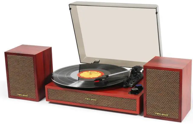 Main image of Vinyl Record Player with Dual External Speakers, 3 Speed Vintage Stereo Turntable for Vinyl Records, Bluetooth Input, Auto Stop & Belt Driven System, RCA Out and Aux in - Reddish Wood