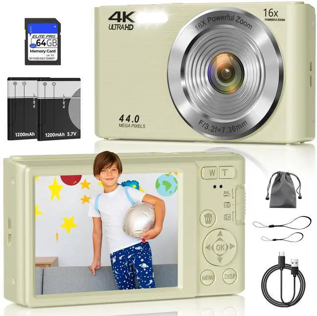 Main image of Digital Camera, FHD 4K 44MP Digital Camera, 16X Digital Zoom, Digital Point and Shoot Camera with 3-LED Fill Lights, 64GB SD Card, Compact Camera for Kids Teen Boys Girls, Cream
