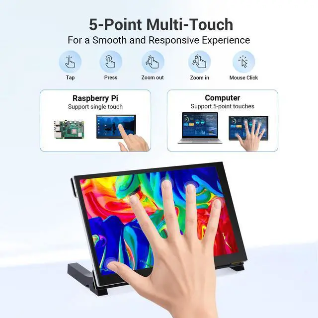 Alt view image 3 of 4 - 7 Inch Touchscreen Monitor for Raspberry Pi, 1024X600 IPS HD Capacitive Touch Screen Display with Acrylic Stand, Plug and Play, Compatible with Raspberry Pi 5/4/3, Banana Pi, Jetson Nano