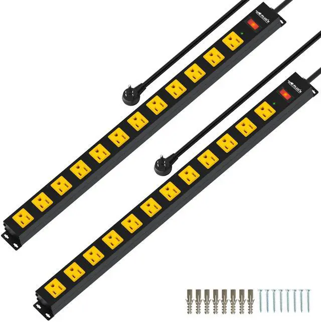 Main image of 12 Outlet Long Power Strip, 2100 Joules Surge Protector, 6FT Power Cord, Wide Spaced Outlet Power Bar, Overload Protection Switch, Industrial Heavy Duty for Work Bench, Shop, Garage, 2 Pack