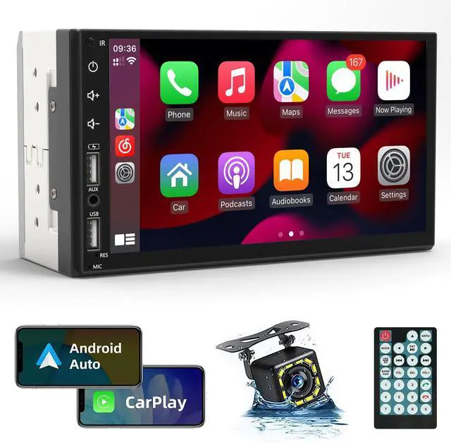 Main image of Double Din Car Stereo Radio Support Apple Carplay&Android Auto, 7inch HD Touchscreen Double Din Radio with Bluetooth, Car Audio Receivers, Camera, MirrorLink, FM Radio, 2 USB/TF/AUX/Subwoofer