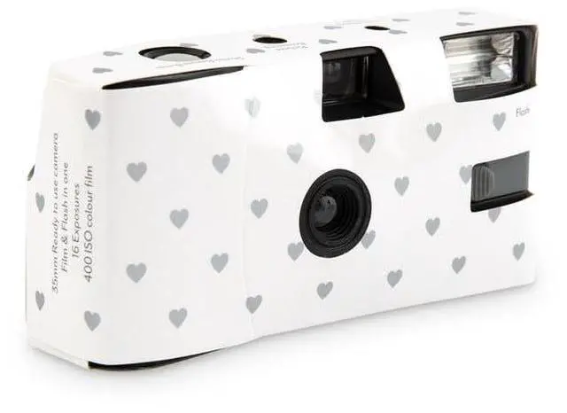 Main image of Disposable Camera with Flash - Single Use 35mm Film Camera for Wedding or Party Favors - Silver Hearts (10 Pack)