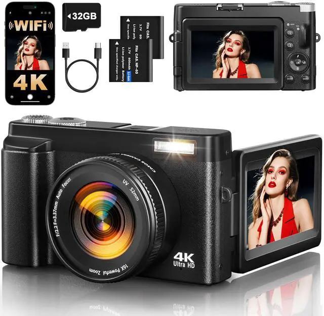 Main image of 4K Digital Camera for Photography, 64MP Autofocus WiFi Vlogging Camera for YouTube with 3'' 180° Flip Screen,Travel Camera with SD Card, Point and Shoot Digital Camera 16X Zoom, UV Filter,2 Batteries