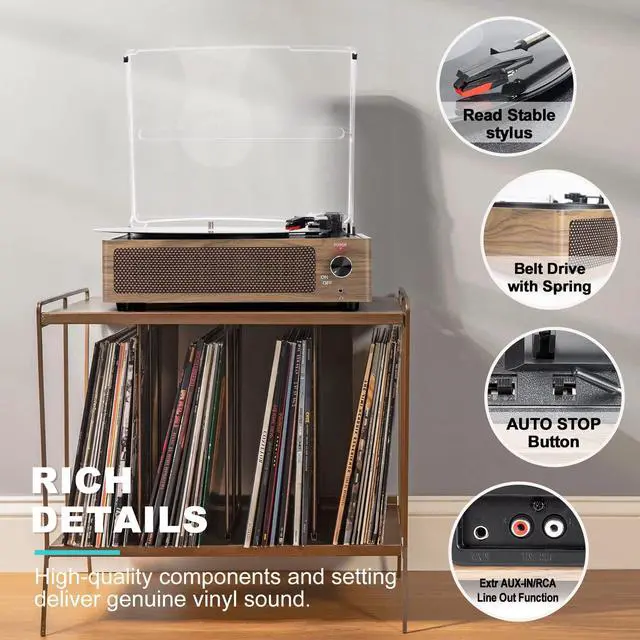 Alt view image 2 of 4 - Record Player with Speakers Vintage Turntable for Vinyls Records Belt-Driven Turntables LP Vinyl Players Support Auto Stop 3-Speed 3 Size Wireless Playback Headphone AUX RCA Line Out Wood Retro Cyan