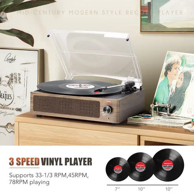 Alt view image 4 of 4 - Record Player with Speakers Vintage Turntable for Vinyls Records Belt-Driven Turntables LP Vinyl Players Support Auto Stop 3-Speed 3 Size Wireless Playback Headphone AUX RCA Line Out Wood Retro Cyan