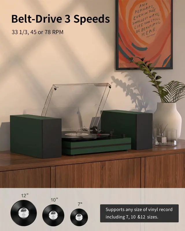 Alt view image 2 of 4 - Record Player for Vinyl with External Speakers Belt-Drive Turntables for Vinyls Records Dual Stereo Speakers LP 3 Speed BT Wireless AUX-in Headphone Auto Stop New Sleek Stylish Dark Matte Green