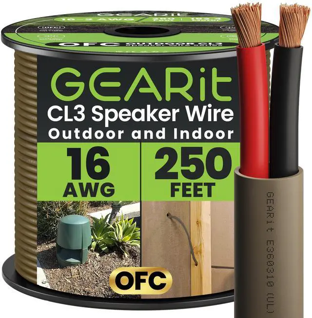 Main image of OFC Speaker Wire 16 Gauge 250 ft,Outdoor Speaker Wire Copper Wire UL CL3 Rated with Polarity Mark,Speaker Cable for in-Wall,Home,Car,Outdoor,Garden,Commercial Audio Systems(Brown,2-Conductors)