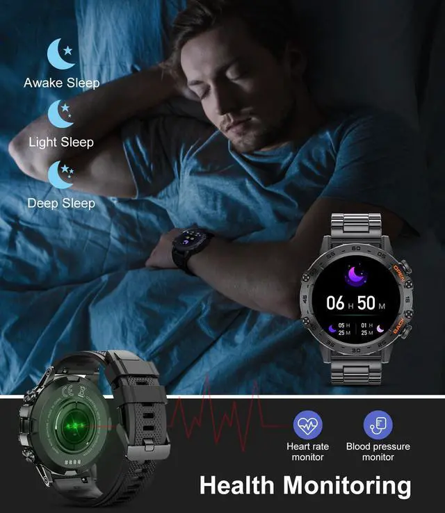 Alt view image 4 of 4 - Smart Watch for Men(Answer/Dial Calls),100 Sports Modes, Fitness Watch with Blood Pressure/Heart Rate/SpO2,1.39''HD Touchscreen for Android/iOS Military Smart Watch 5ATM Waterproof Black