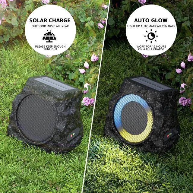 Alt view image 2 of 4 - 2-Pack Solar Powered Rock Speakers Outdoor Water-Resistant with 3 Mode Lights and Pair Function USB Rechargeable for Patio Garden Party Pool Outside(Black)