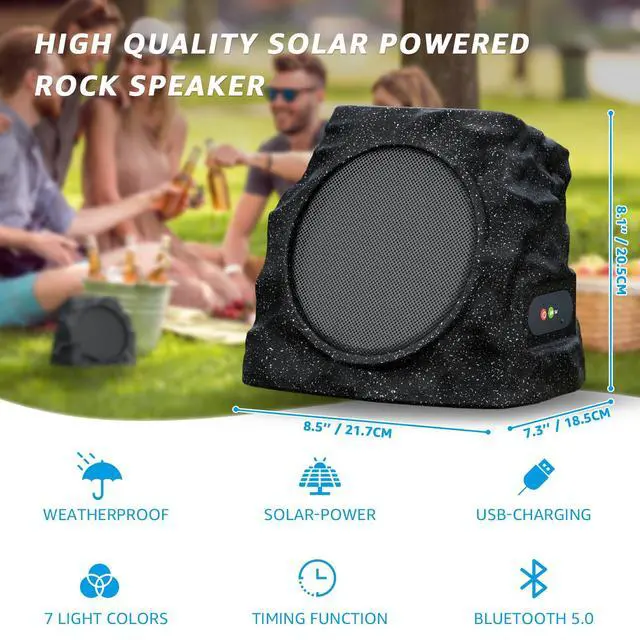 Alt view image 3 of 4 - 2-Pack Solar Powered Rock Speakers Outdoor Water-Resistant with 3 Mode Lights and Pair Function USB Rechargeable for Patio Garden Party Pool Outside(Black)