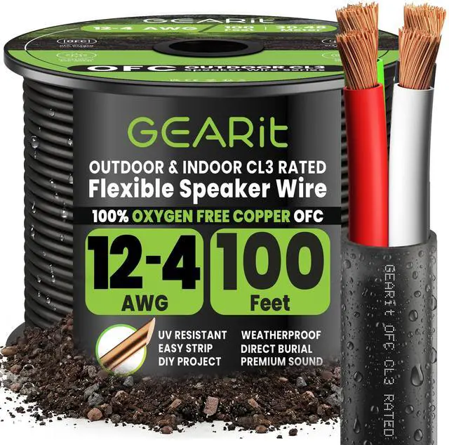 Main image of 12 Gauge Speaker Wire OFC 100 ft,Speaker Cable UL CL3 Rated,Copper Wire with Polarity Mark,Audio Cable for in-Wall,Home,Car,Outdoor,Garden,Commercial Audio Systems,OFC(Black,4-Conductors)