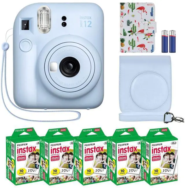 Main image of Instax Mini 12 Instant Camera + MiniMate Accessory Bundle & Compatible Custom Case + Fuji Instax Film Value Pack (50 Sheets) Flamingo Designer Photo Album (Pastel Blue)