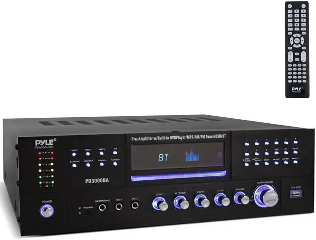 Main image of 4 Channel Bluetooth Home Amplifier - Front Loading DVD/CD Player - 3000W Peak Stereo Receiver - 2 Mic Inputs w/ Echo, FM Radio,Optical In,USB,RCA,Composite, LED Level Meter, Rack Mount - PD3000BA
