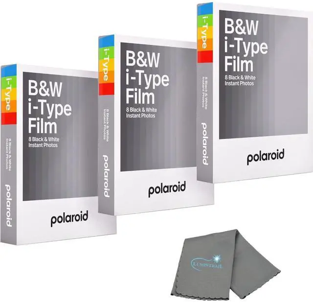 Main image of Polaroids Black & White Instant Film, 3 Pack, 24 Photos, B&W Film Works with Polaroid i-Type Cameras, Now, Now+, I-2, & Lab, Bundle with a Lens Cleaning Cloth
