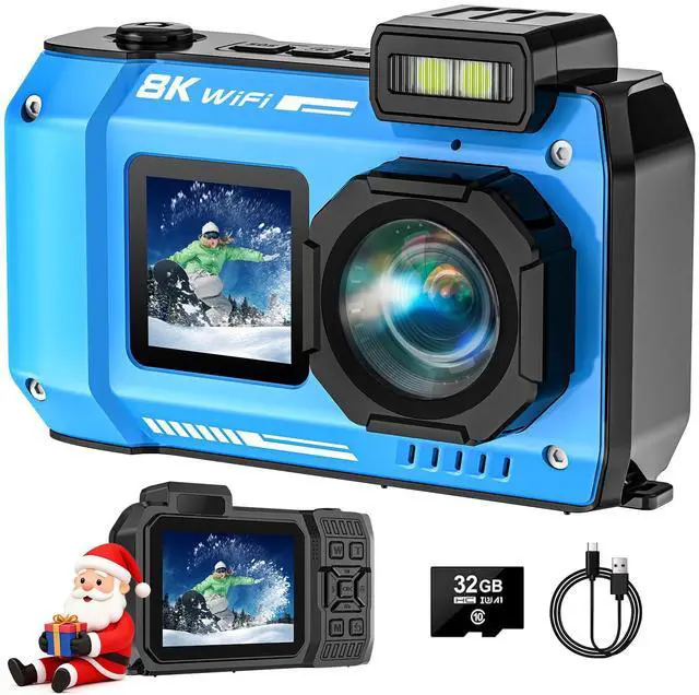 Main image of UHD 8K Underwater Camera, 70MP 33FT WiFi Waterproof Digital Camera with 64GB Card, Auto Focus Waterproof Dual-Screen Selfie 2500mAh Battery, 18X Floatable Digital for Snorkeling, Blue