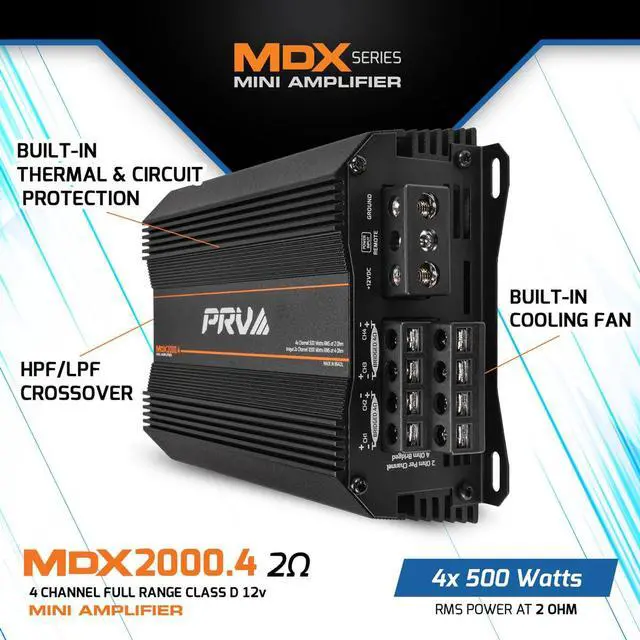 Alt view image 4 of 4 - MDX2000.4 2 Ohm Mini 4 Channel Car Audio Amplifier 4 x 500 Watts RMS at 2 Ohm - 2000 Watt 12 Volts Bridgeable Amp for Powersports, Motorcycles, ATV, for High Power Stereo Speaker Systems