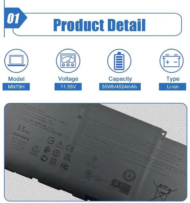 Alt view image 2 of 4 - 55Wh MN79H Laptop Battery Replacement for Dell XPS 13 Plus 9320 XPS9320-7523BLK-PUS XPS9320-7585SLV-PUS Series Notebook J7H5M 0J7H5M NXRKW 0NXRKW 11.55V