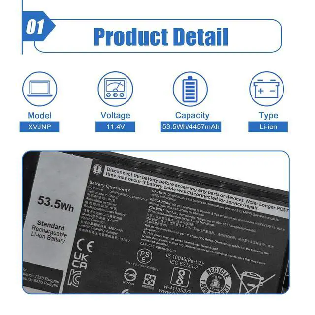 Alt view image 2 of 4 - 53.5Wh XVJNP Laptop Battery Replacement for Dell Latitude 5430 Rugged Latitude 7330 Rugged Series 6JRCP 06JRCP M0TN3 0M0TN3 KD1CT 451-BCWQ 11.4V