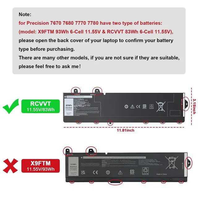 Alt view image 2 of 4 - RCVVT Laptop Battery Compatible with Dell Precision 7770 7670 7780 7680 Mobile Workstation Notebook Series X9FTM 05JMD8 5JMD8 0965V4 965V4 X26RT 0X26RT P114F P114F001 P114F002 P115F 11.55V 83Wh