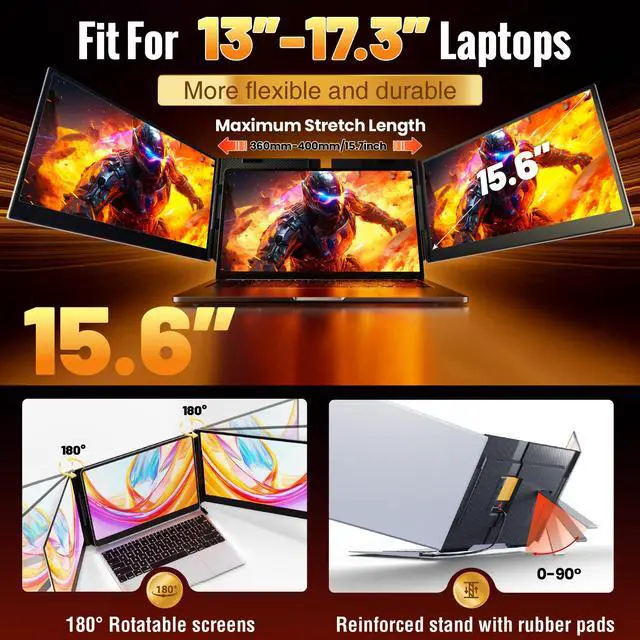 Alt view image 6 of 6 - 2026 New One Cable Connection Laptop Screen Extender Monitor Portable, Ultra Thin 15.6" 1080P FHD Triple Screen,Fit for 13-17" Laptop, Plug & Play Compatiable with Win/Mac/Chrome/Android