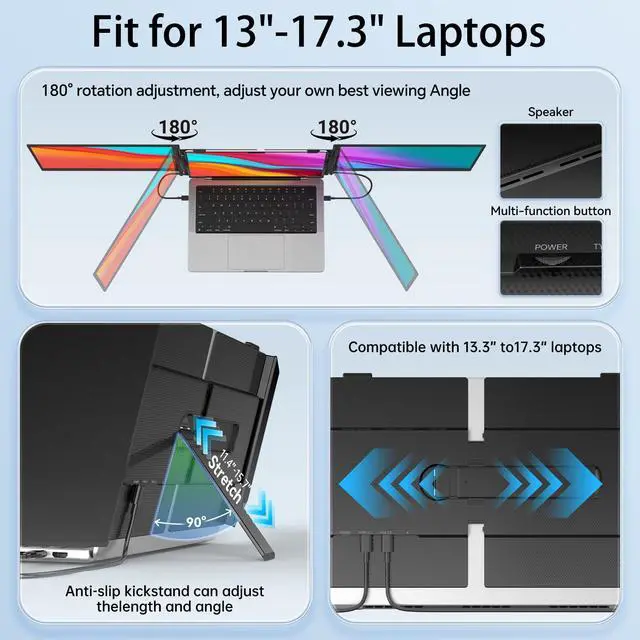 Alt view image 5 of 6 - 14.2" Triple Laptop Screen Extender, Ultra-Thin FHD 1080P IPS Portable Monitor for Laptop, Aluminum Alloy Tri-Screen Travel Monitor, Plug & Play for Windows/Mac/Chrome, Fits 13"-17.3" Laptops