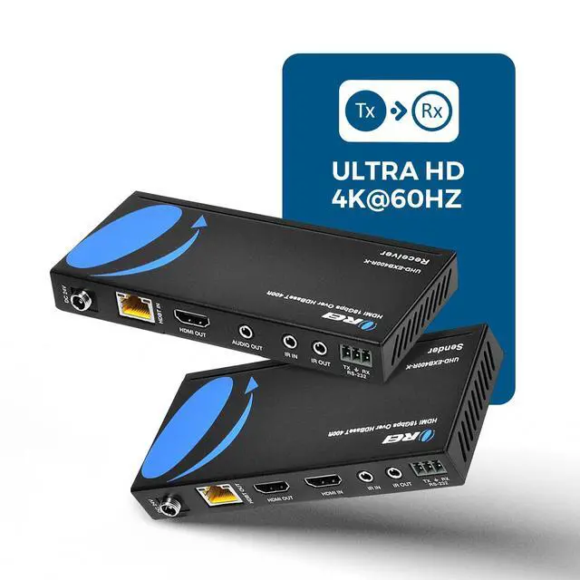 Alt view image 6 of 6 - 4K HDMI over Ethernet Extender Balun - HDBaseT UltraHD 4K @ 60Hz 4:4:4 CAT5e/6/7 Cable with HDR, CEC & IR Control, RS-232 Up to 400 Ft Loop Out POC Audio Out (UHD-EXB400R-K)