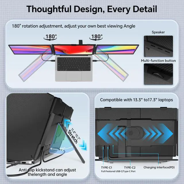 Alt view image 6 of 6 - Laptop Screen Extender, 14" Ultra-Slim Triple Portable Monitor, 1080P FHD IPS Display, USB-C/HDMI Plug & Play, Monitor Extender for 13-17.3" Laptops, Mac/Windows/Chrome