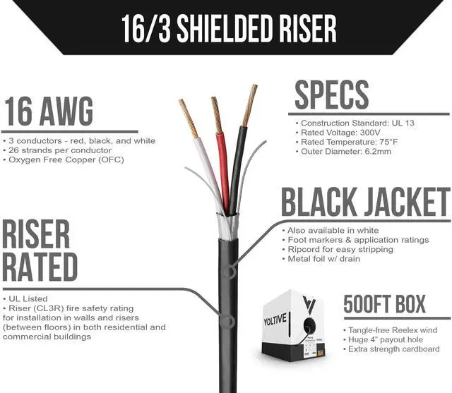 Alt view image 2 of 6 - 16/3 Shielded Low Voltage Wire, Riser CL3R, Black, 500ft - 16AWG, 3 Conductors, Overall Shield, Stranded Bare Copper, UL Listed - V-1279-2