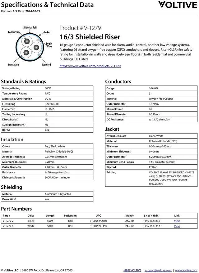 Alt view image 6 of 6 - 16/3 Shielded Low Voltage Wire, Riser CL3R, Black, 500ft - 16AWG, 3 Conductors, Overall Shield, Stranded Bare Copper, UL Listed - V-1279-2