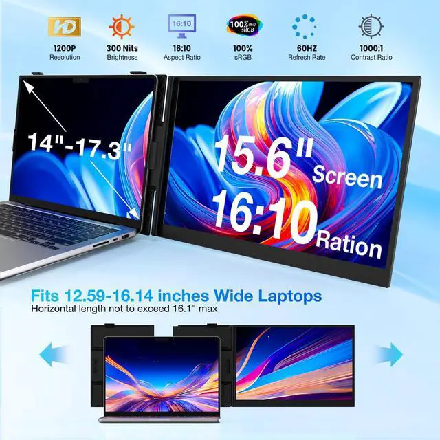 Alt view image 3 of 6 - Laptop Screen Extender, Ultra-Thin 15.6" FHD 1200P 16:10 Portable Monitor for Laptop, Lightweight Dual Monitor Extender Plug & Play for 14.2"-17.3" Laptops, Compatible with Wins/Mac/Chrome/Linux