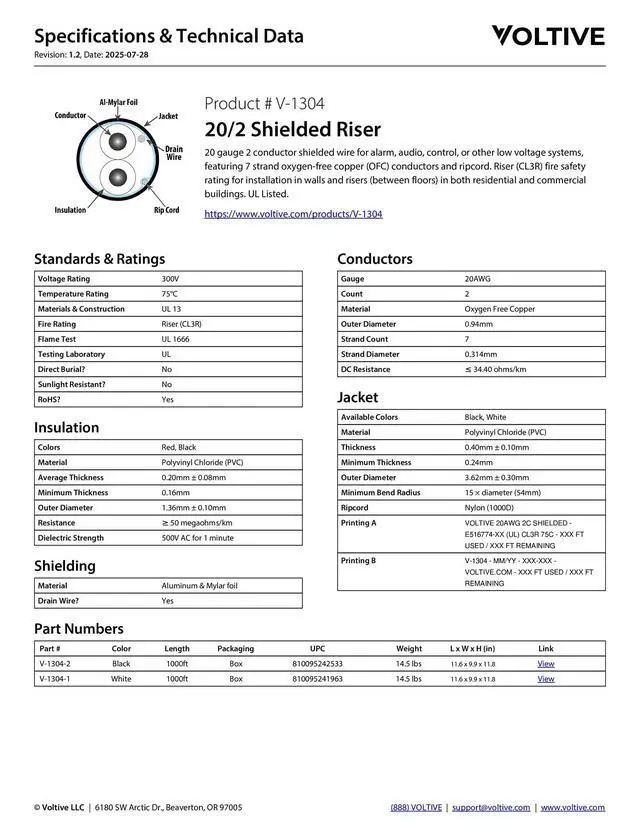 Alt view image 6 of 6 - 20/2 Shielded Low Voltage Wire, Riser CL3R, White, 1000ft - 20AWG, 2 Conductors, Overall Shield, Stranded Bare Copper, UL Listed - V-1304-1